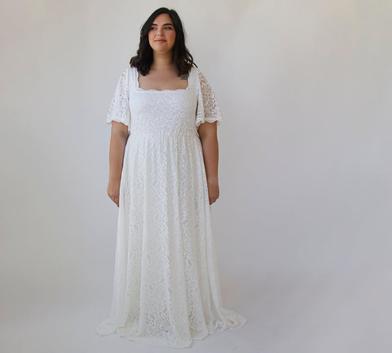 Curvy  Ivory Square Neckline , Bohemian Butterfly Sleeves Dress #1322