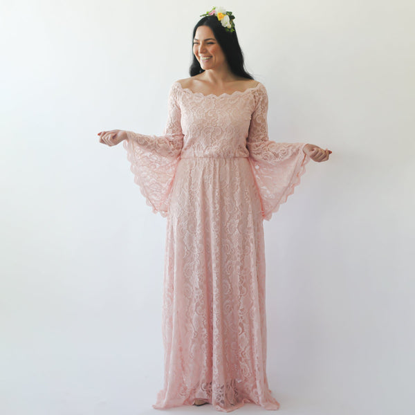 Curvy  Off-Shoulder  Long Bell Sleeve Lace Dress   #1201