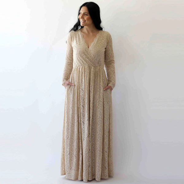 Curve & Plus Size Sleeves Lace Wedding Dress,Long Sleeves Champagne Boho Wedding Dress With Pockets 1269