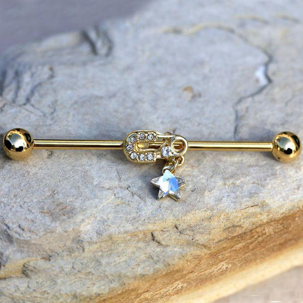 Gold Plated Jeweled Safety Pin and Star Industrial Barbell