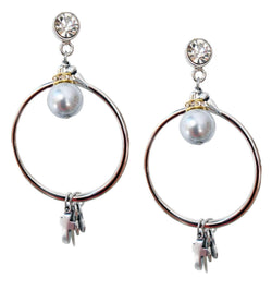 Gold Dangle and Drop Earrings With Light Blue Pearls, Rhinestones, Brass and Charms. Hoop Earrings, Boho Chic Earrings,
