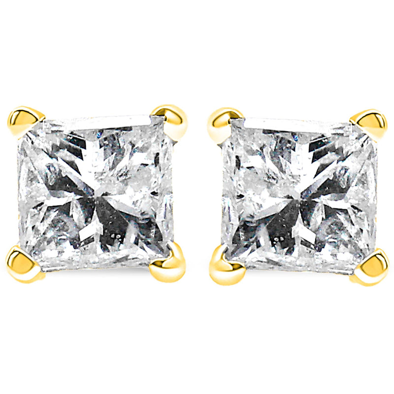 AGS Certified 14k Yellow Gold 1/2 Cttw 4-Prong Set Princess-Cut Solitaire Diamond Push Back Stud Earrings (I-J Color, SI