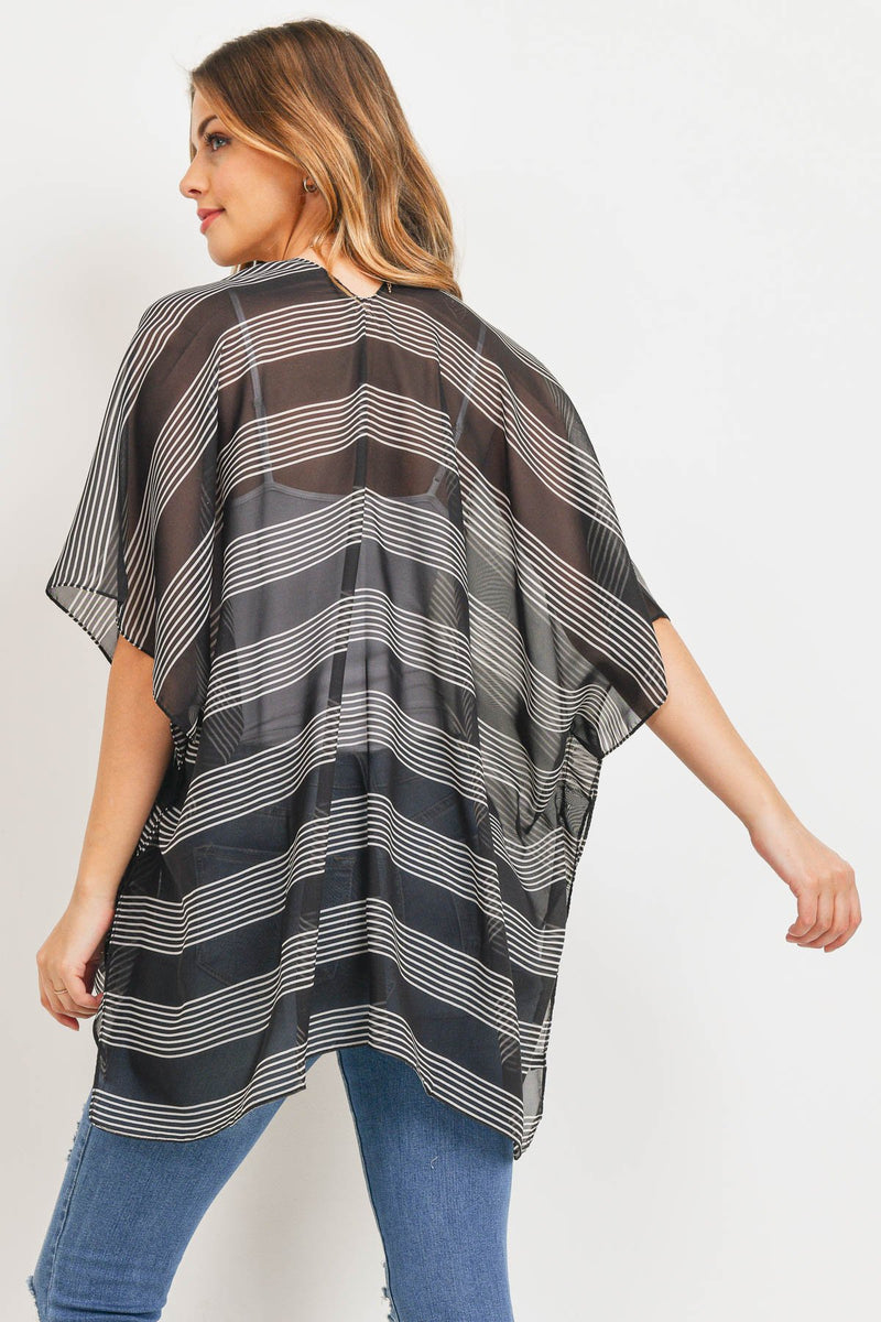 Pn328x045g - Black Mid Thigh Striped Kimono