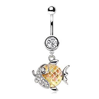 316L Stainless Steel Jeweled Gold Fish Dangle Navel Ring