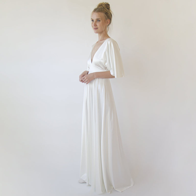 Deep v Neckline Bat Sleeves  Minimalist Wedding  Dress #1350
