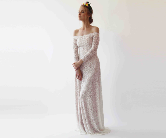 Ivory Nude F Shoulder Wedding Maxi Dress, Vintage Style Wedding Dress, 1257