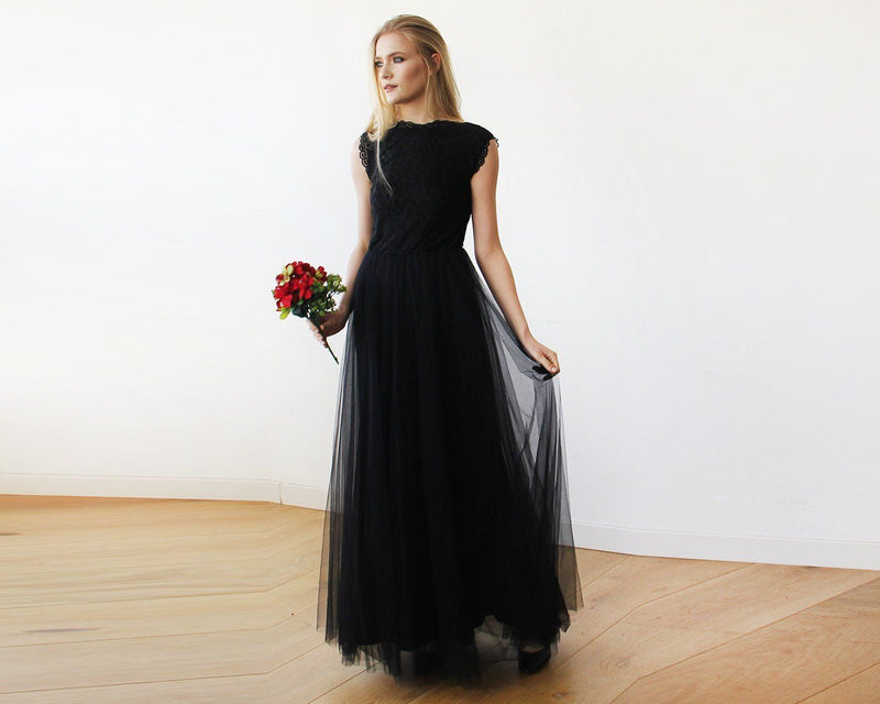 Black Tulle and Lace Sleeveless Maxi Gown 1145