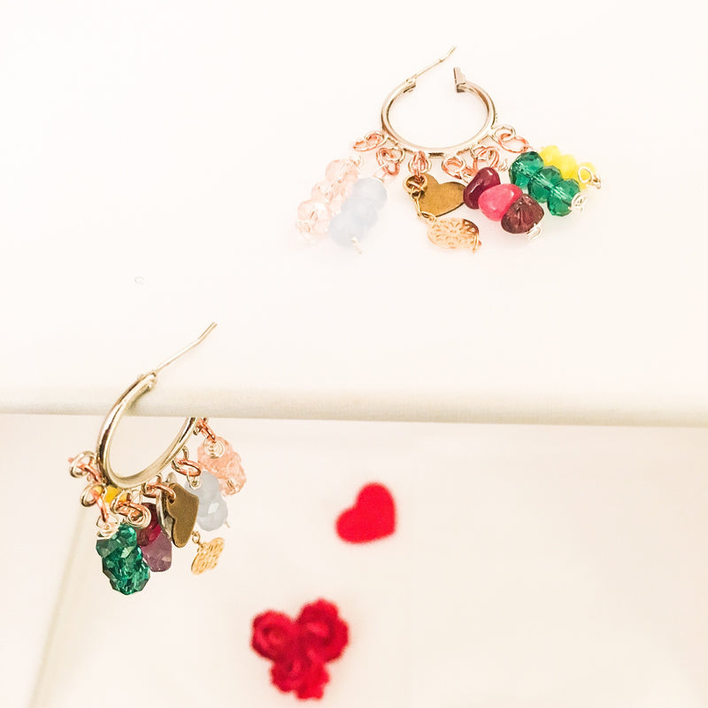Colorful Beads and Stones Heart Charm Hoops Earrings
