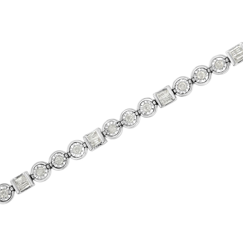 .925 Sterling Silver 1.0 Cttw Alternating Channel Set Baguette and Miracle Set Round Diamond Link Bracelet (I-J Color, I