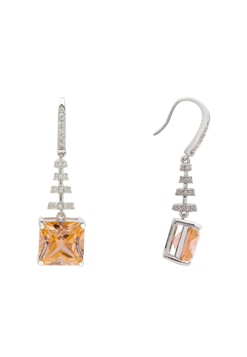 Spiral Square Crystal Drop Earrings Peach Silver