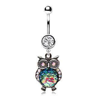 316L Stainless Steel Jeweled Rainbow Owl Dangle Navel Ring