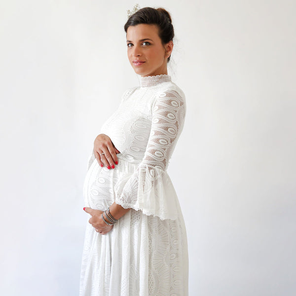Maternity Bohemian High Neckline, Modest Ivory Wedding Dress With a Train  #7012