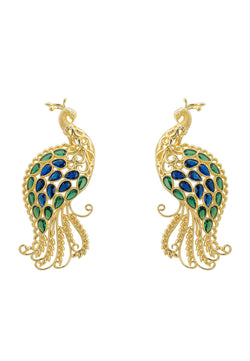 Peacock Train Earrings Gold Blue Green