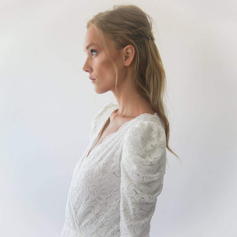 Ivory Puffed Sleeves  Wedding Dress #1283