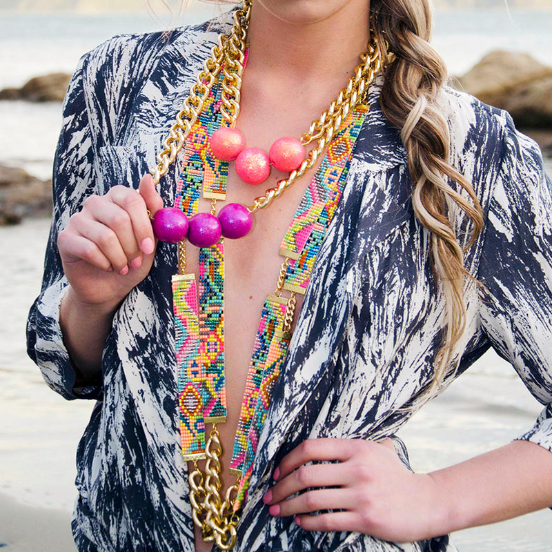 Sea Candy Long Woven Beaded Necklace - Neon Pink