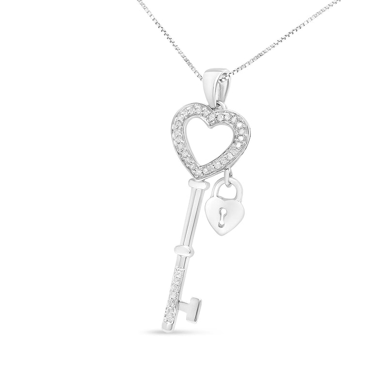 .925 Sterling Silver 1/4 Cttw Diamond Lock & Key Heart 18" Pendant Necklace (I-J Color, I3 Clarity)