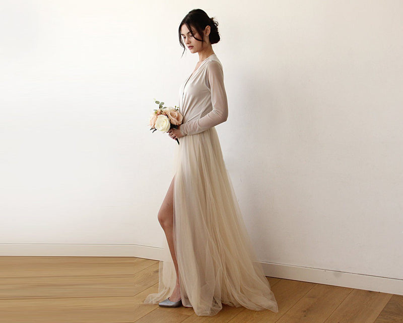 Champagne Wrap Tulle Gown With Long Chiffon Sleeves and Slit 1174