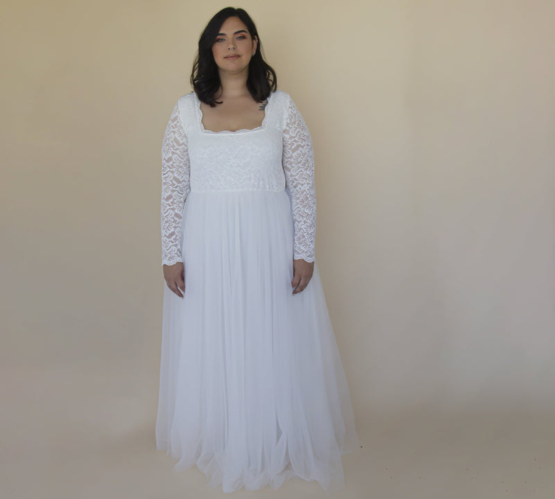Curvy  Ivory Square Neckline  Tulle & Lace Maxi Dress #1320