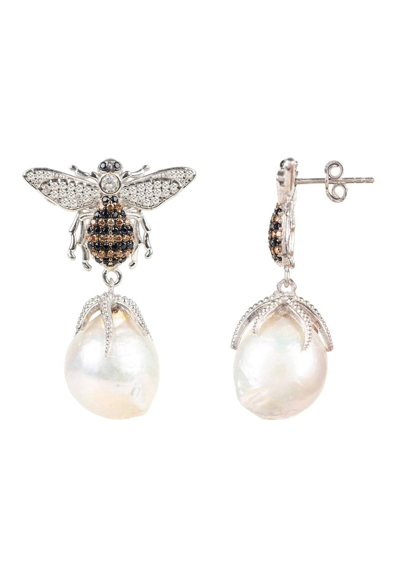 Baroque Pearl Honey Bee Drop Earrings Silver