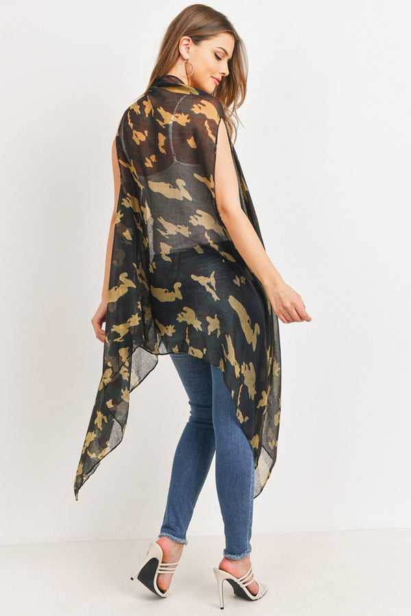Hdf3083 - Knee Length Camouflage Open Front Kimono Vest