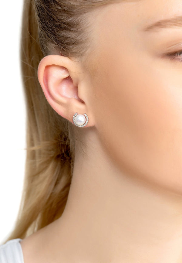 Pearl Half Halo Medium Stud Earrings Silver