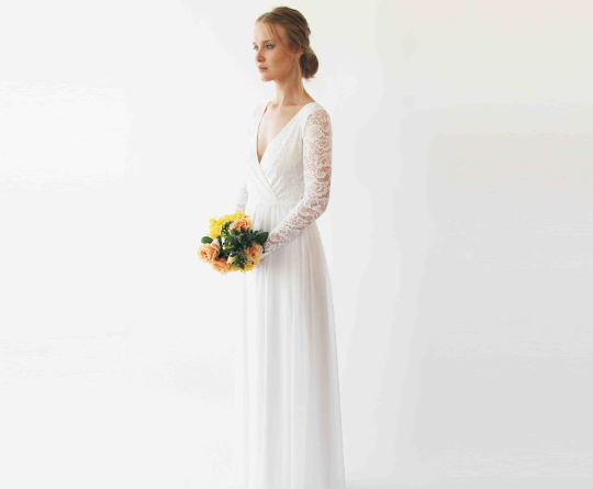 Long Sleeves Wrap Lace Wedding Dress With Chiffon Skirt , Ivory Lace ,Bohemian Wedding Dress, 1256