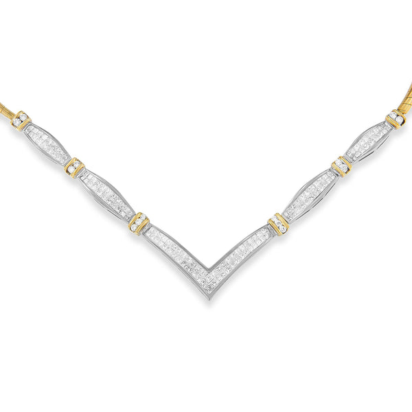 14K Yellow and White Gold 3.00 Cttw Round and Princess Cut Diamond "V" Shape Statement Necklace (H-I Color, SI2-I1 Clari