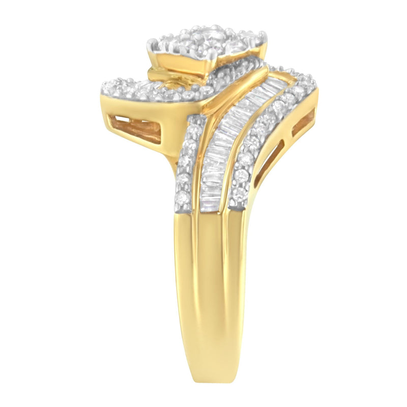 14K Yellow Gold 1.0 Cttw Baguette & Brilliant-Cut Diamond Round Floral Cluster Engagement or Fashion Ring With Swirl Wra