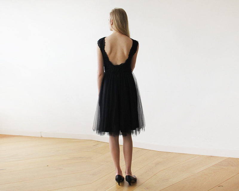 Lace and Tulle Black Sleeveless Midi Dress SALE 1159