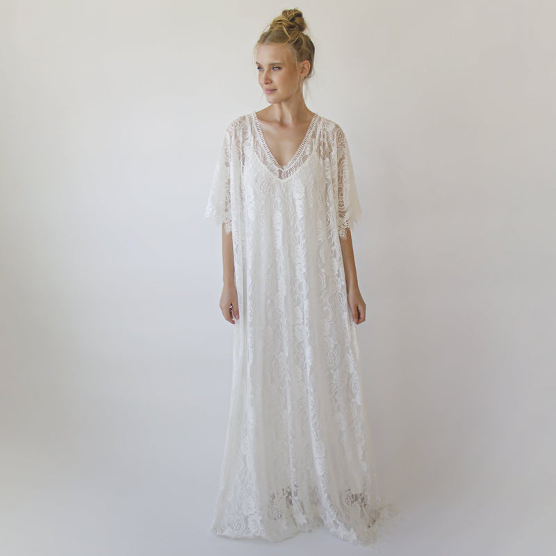 Lace Ivory Bridal Kaftan ,Bat Sleeves Lace Wedding Dress #1367
