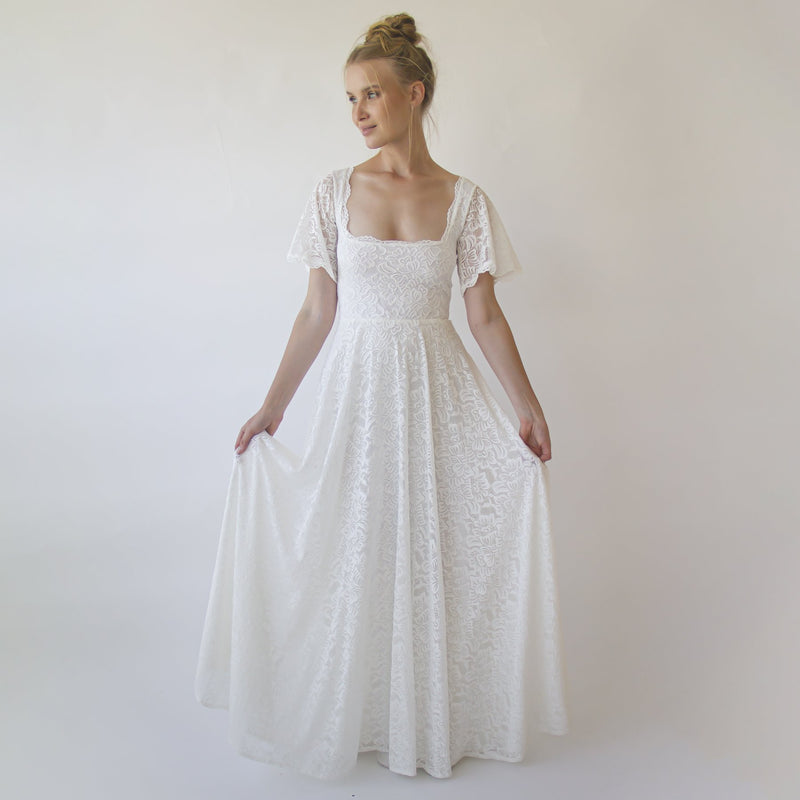 Ivory Square Neckline , Bohemian Butterfly Sleeves Dress #1322