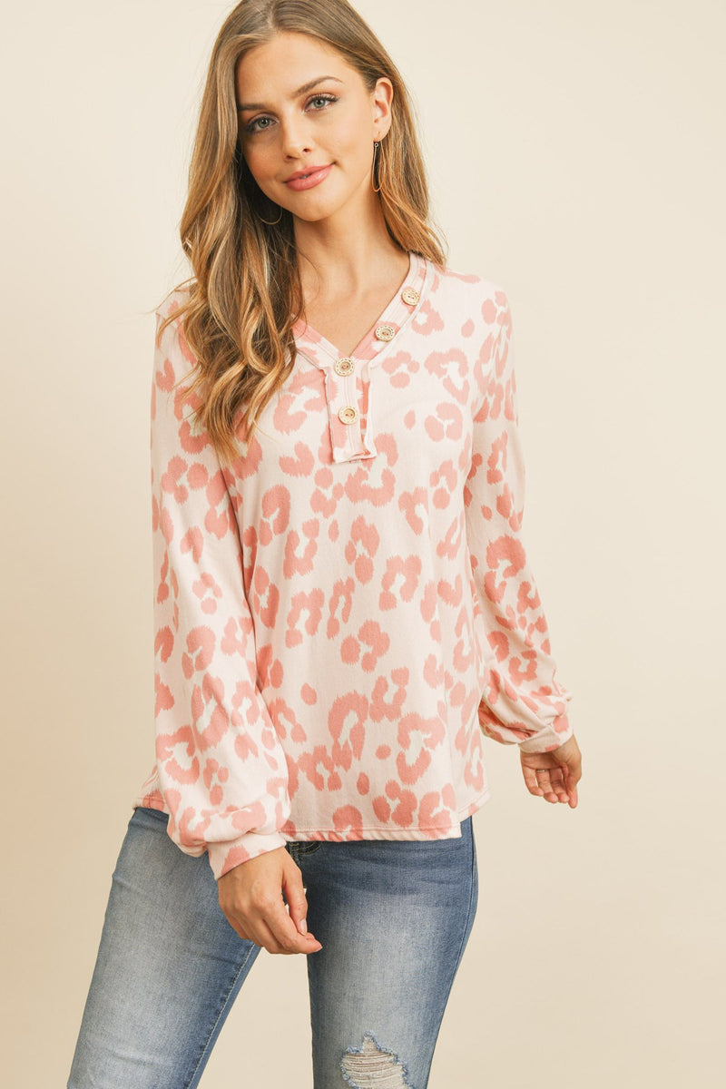 Button Front Long Sleeved Animal Print Top