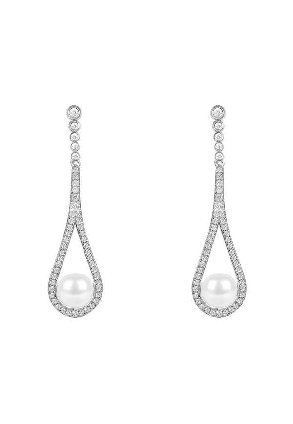 Cradled Pearl Drop Earrings Silver