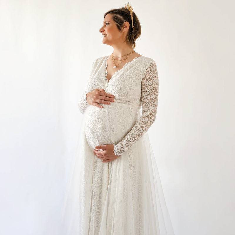 Maternity Ivory Wedding Dress, Sheer Illusion Tulle Skirt on Lace #7006