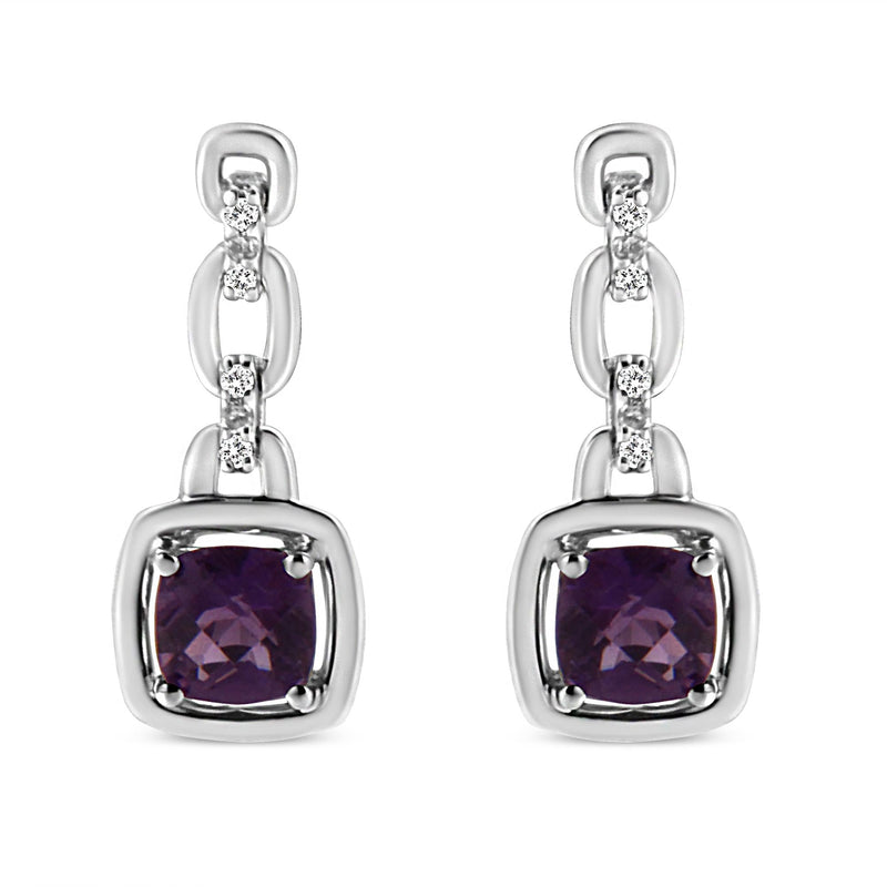 .925 Sterling Silver 6x6MM Cushion Shaped Natural Purple Amethyst and Diamond Accent Drop and Dangle Earrings (I-J Color