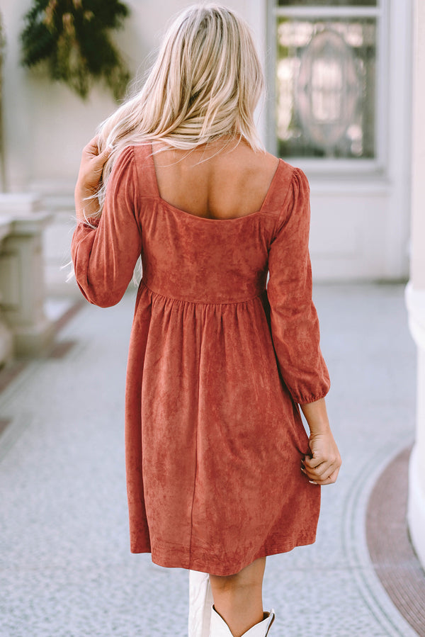 Kaylee Suede Square Neck Puff Sleeve Dress