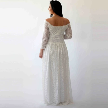 Curve & Plus Size Off-The-Shoulder Ivory  Floral Lace Long Sleeve Maxi Dress With Pockets 1270