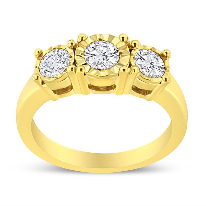 14K Yellow Gold Plated .925 Sterling Silver 1.00 Cttw Miracle-Set Round Diamond Three Stone Engagement Ring (K-L Color,