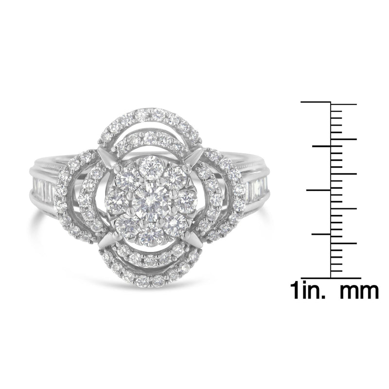 14K White Gold 1.0 Cttw Round & Baguette Cut Diamond Floral Cluster Quatrefoil Channel Set Band Cocktail Statement Ring