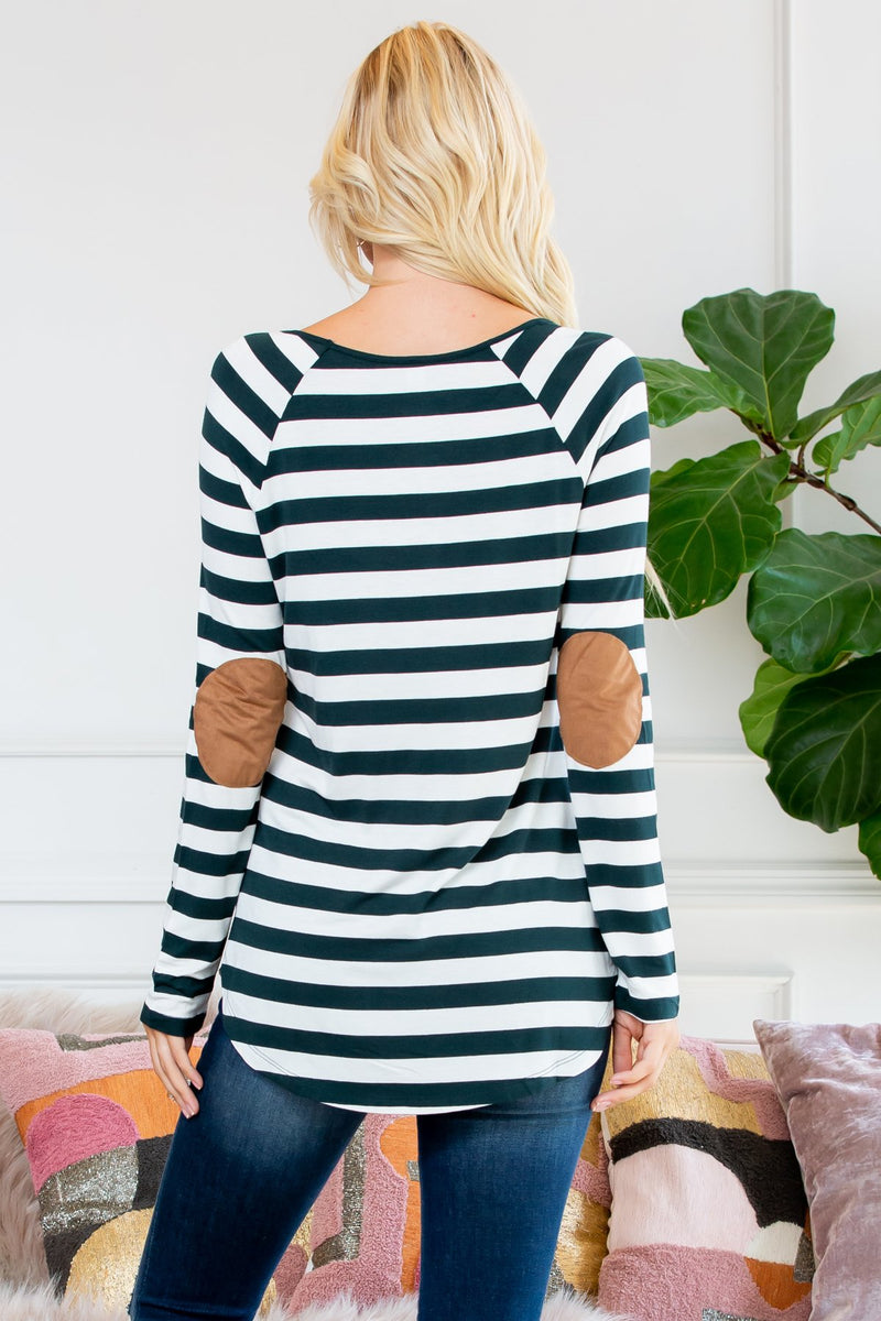 Long Sleeved Striped Elbow Suede Patch Tunic