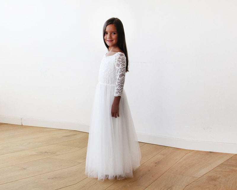 Ivory Off-The-Shoulder Lace and Tulle Maxi Girls Gown 5040