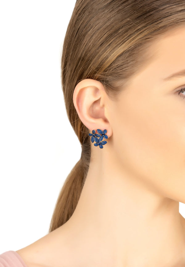 Flowers Large Stud Earrings Sapphire Blue Gold