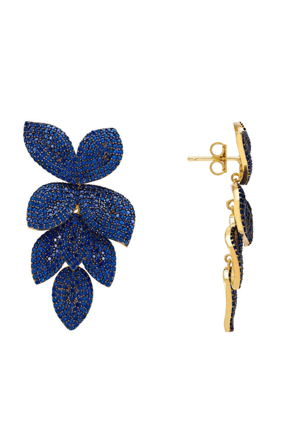 Petal Cascading Flower Earrings Gold Sapphire Cz