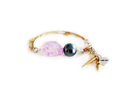 18kt Gold Plated Charm Bracelet With Amethyst Stone, Black Pearl and Small Charms.