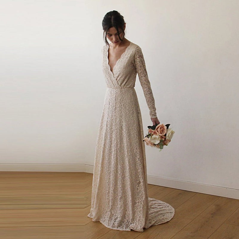 Champagne Wrap Floral Lace Long Sleeve Gown With a Train 1151