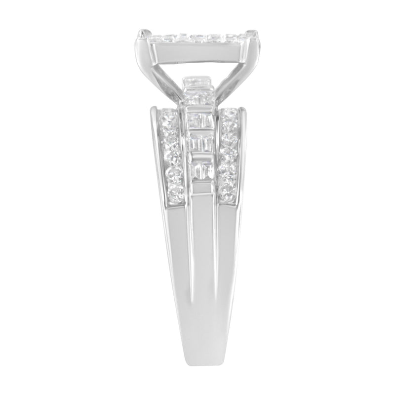 14K White Gold 1.0 Cttw Mixed-Cut Diamond Rectangle Invisible-Set Composite Cluster Ring With Bar- And Channel-Set Band