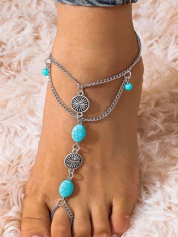 Turquoise Bead Detail Toe Ring Anklet Barefoot Sandal Anklet
