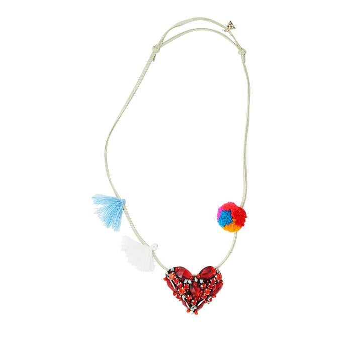 Chelsea Red Heart- Kids Pom Pom Necklace Rhine Stone Embroidered Accessory