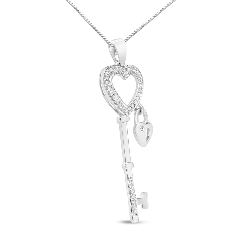 .925 Sterling Silver 1/4 Cttw Diamond Lock & Key Heart 18" Pendant Necklace (I-J Color, I3 Clarity)