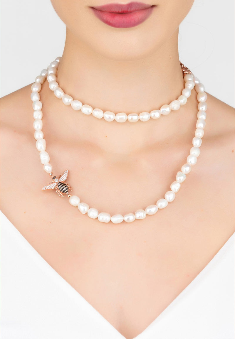 Honey Bee Pearl Gemstone Long Necklace Rosegold